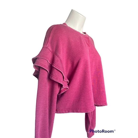 7 For All Mankind Raspberry Ruffle Cropped Top Sweatshirt Crewneck Sz L NWT - Picture 4 of 7